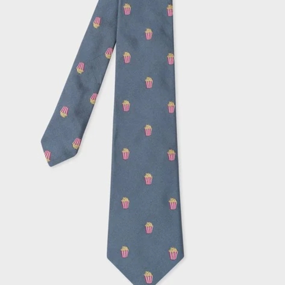 Paul Smith, 🍿 Silk Skinny Blue Tie with Popcorn Print, NEW Without Tag